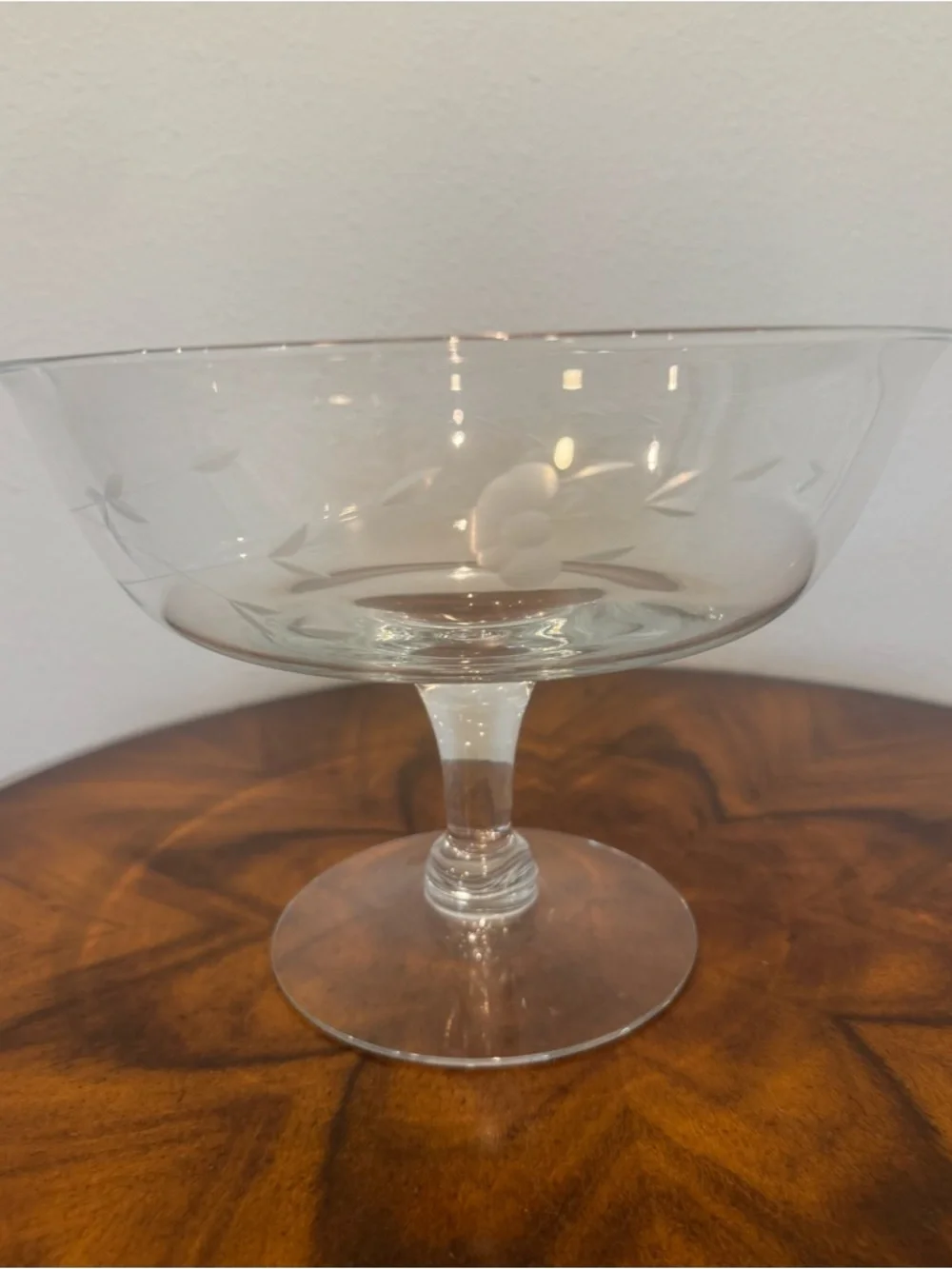 Princess House Heritage Clear Etched Glass Compote Bowl 9 5/8 X 7” Hand Blown